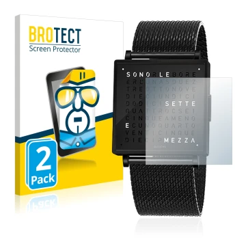 Front side of a product packaging with the brand logo BROTECT. Next to it is the device Qlocktwo W35 shown with the correspond