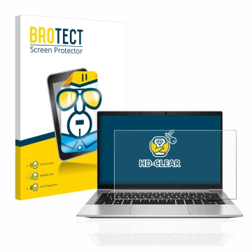 Front side of a product packaging with the brand logo BROTECT. Next to it is the device HP EliteBook 830 G8 shown with the cor