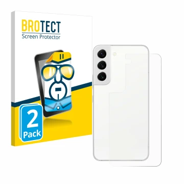 Front side of a product packaging with the brand logo BROTECT. Next to it is the device Samsung Galaxy S22 5G (Back) shown wit