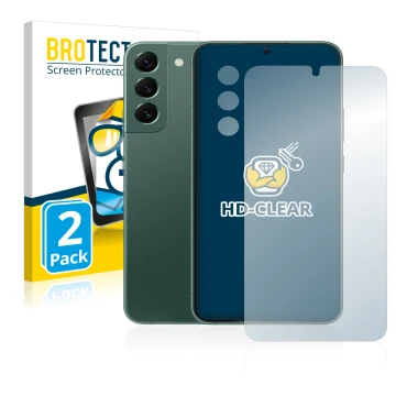 Front side of a product packaging with the brand logo BROTECT. Next to it is the device Samsung Galaxy S22 Plus 5G (Front+Came