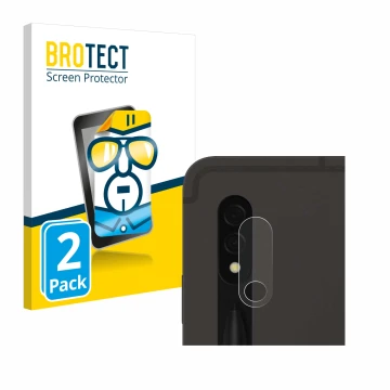 Front side of a product packaging with the brand logo BROTECT. Next to it is the device Samsung Galaxy Tab S8 5G (ONLY Camera 