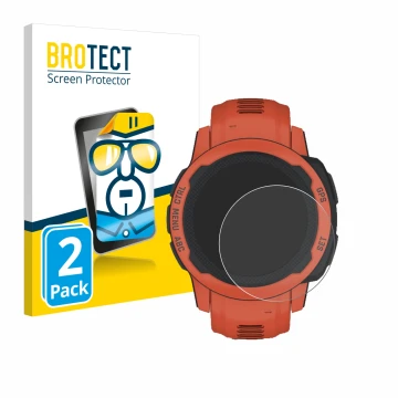 Front side of a product packaging with the brand logo BROTECT. Next to it is the device Garmin Instinct 2S shown with the corr