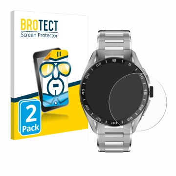 Front side of a product packaging with the brand logo BROTECT. Next to it is the device TAG Heuer Connected Calibre E4 (45 mm)
