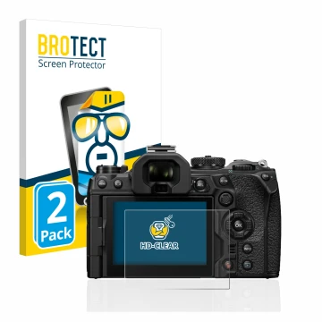 Front side of a product packaging with the brand logo BROTECT. Next to it is the device Olympus OM-1 2022 shown with the corre