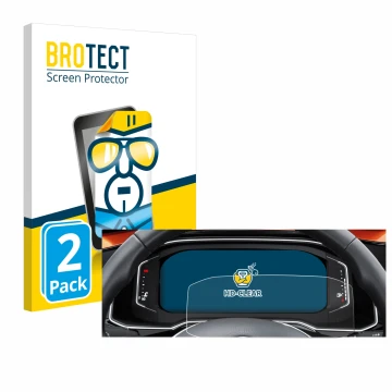 Front side of a product packaging with the brand logo BROTECT. Next to it is the device Volkswagen Polo 6 Digital Cockpit Pro 