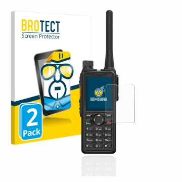 Front side of a product packaging with the brand logo BROTECT. Next to it is the device Hytera HP785 shown with the correspond