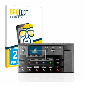 Front side of a product packaging with the brand logo BROTECT. Next to it is the device Line 6 Helix Floor shown with the corr
