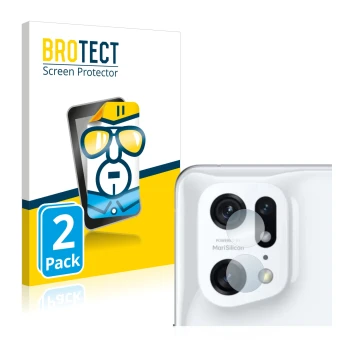 Front side of a product packaging with the brand logo BROTECT. Next to it is the device Oppo Find X5 Pro (ONLY Camera Lens) sh