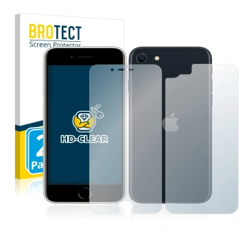 Front side of a product packaging with the brand logo BROTECT. Next to it is the device Apple iPhone SE 3 2022 (Front+Back) sh