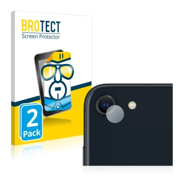 Front side of a product packaging with the brand logo BROTECT. Next to it is the device Apple iPhone SE 3 2022 (ONLY Camera Le