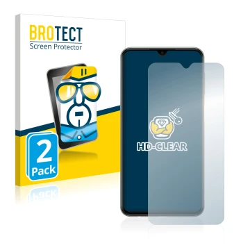 Front side of a product packaging with the brand logo BROTECT. Next to it is the device Samsung Galaxy M33 shown with the corr