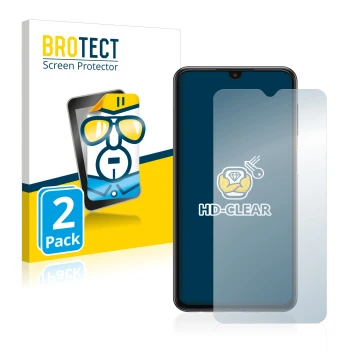 Front side of a product packaging with the brand logo BROTECT. Next to it is the device Samsung Galaxy A23 shown with the corr