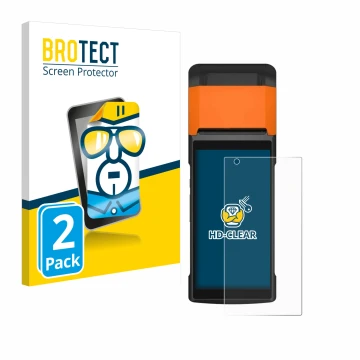 Front side of a product packaging with the brand logo BROTECT. Next to it is the device Sunmi V2s shown with the corresponding