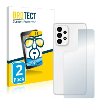 Front side of a product packaging with the brand logo BROTECT. Next to it is the device Samsung Galaxy A53 5G (Back) shown wit