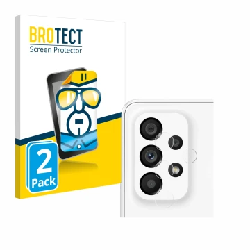 Front side of a product packaging with the brand logo BROTECT. Next to it is the device Samsung Galaxy A53 5G (ONLY Camera Len