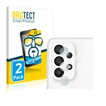 Front side of a product packaging with the brand logo BROTECT. Next to it is the device Samsung Galaxy A33 5G (ONLY Camera Len
