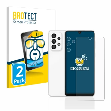 Front side of a product packaging with the brand logo BROTECT. Next to it is the device Samsung Galaxy A33 5G (Front+Camera) s