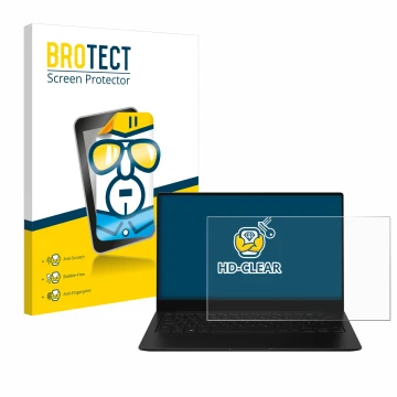 Front side of a product packaging with the brand logo BROTECT. Next to it is the device Samsung Galaxy Book2 Pro 13.3