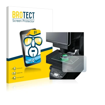 Front side of a product packaging with the brand logo BROTECT. Next to it is the device Keyence IM-7030 Glass plate shown with