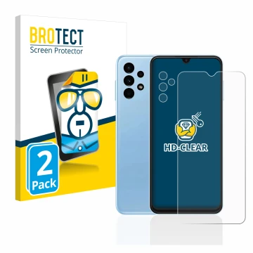 Front side of a product packaging with the brand logo BROTECT. Next to it is the device Samsung Galaxy A13 (Front+Camera) show