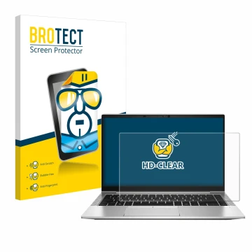 Front side of a product packaging with the brand logo BROTECT. Next to it is the device HP EliteBook 845 G8 shown with the cor
