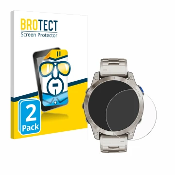 Front side of a product packaging with the brand logo BROTECT. Next to it is the device Garmin D2 Mach 1 shown with the corres