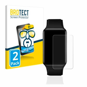 Front side of a product packaging with the brand logo BROTECT. Next to it is the device Oppo Watch Free shown with the corresp