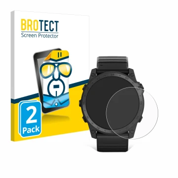 Front side of a product packaging with the brand logo BROTECT. Next to it is the device Garmin Tactix 7 Pro Ballistics shown w