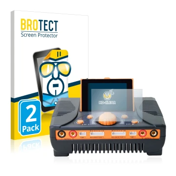 Front side of a product packaging with the brand logo BROTECT. Next to it is the device Junsi iCharger 406 Duo shown with the 