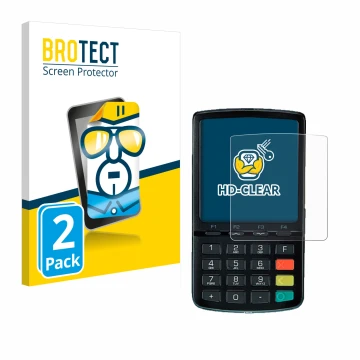 Front side of a product packaging with the brand logo BROTECT. Next to it is the device ingenico Link/2500 shown with the corr