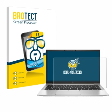 Front side of a product packaging with the brand logo BROTECT. Next to it is the device HP EliteBook 845 G7 shown with the cor
