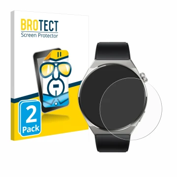 Front side of a product packaging with the brand logo BROTECT. Next to it is the device Huawei Watch GT 3 Pro Titanium (46mm) 