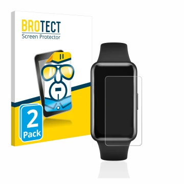 Front side of a product packaging with the brand logo BROTECT. Next to it is the device Huawei Band 7 shown with the correspon