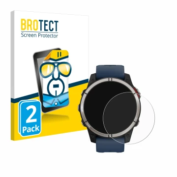 Front side of a product packaging with the brand logo BROTECT. Next to it is the device Garmin quatix 7 shown with the corresp