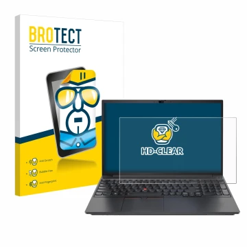 Front side of a product packaging with the brand logo BROTECT. Next to it is the device Lenovo ThinkPad E15 Gen 3 shown with t