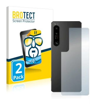 Front side of a product packaging with the brand logo BROTECT. Next to it is the device Sony Xperia 1 IV (Back) shown with the