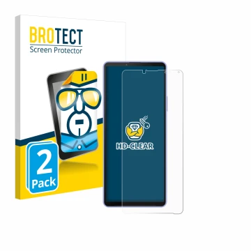 Front side of a product packaging with the brand logo BROTECT. Next to it is the device Sony Xperia 10 IV shown with the corre