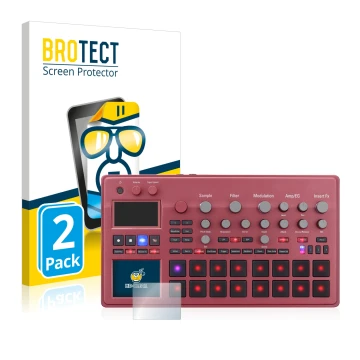 Front side of a product packaging with the brand logo BROTECT. Next to it is the device KORG electribe Sampler shown with the 