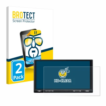 Front side of a product packaging with the brand logo BROTECT. Next to it is the device Sony XAV-AX5650 shown with the corresp