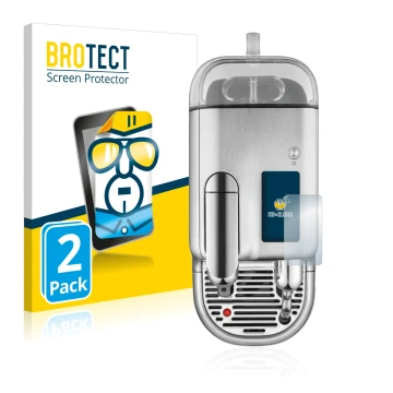 Front side of a product packaging with the brand logo BROTECT. Next to it is the device Sage Nespresso Creatista Pro shown wit