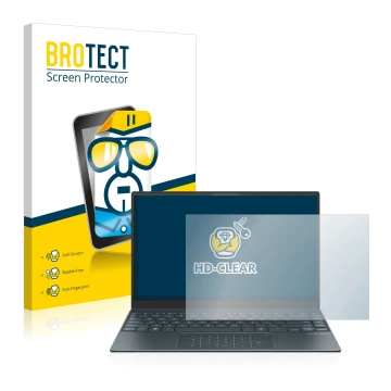 Front side of a product packaging with the brand logo BROTECT. Next to it is the device ASUS ZenBook 13 OLED shown with the co