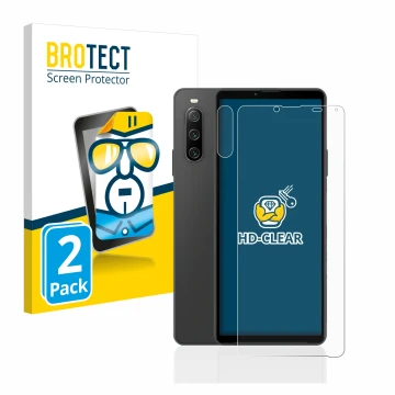 Front side of a product packaging with the brand logo BROTECT. Next to it is the device Sony Xperia 10 IV (Front+Camera) shown