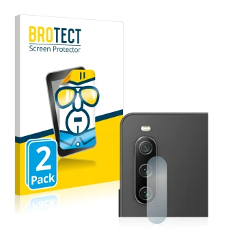 Front side of a product packaging with the brand logo BROTECT. Next to it is the device Sony Xperia 10 IV (ONLY Camera Lens) s