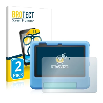 Front side of a product packaging with the brand logo BROTECT. Next to it is the device Amazon Fire 7 Kids 2022 shown with the