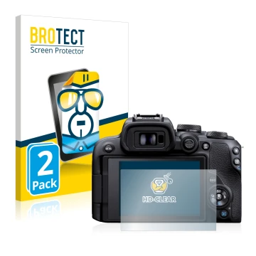 Front side of a product packaging with the brand logo BROTECT. Next to it is the device Canon EOS R10 shown with the correspon
