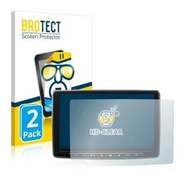 Front side of a product packaging with the brand logo BROTECT. Next to it is the device Alpine INE-F904DC shown with the corre