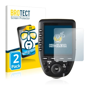 Front side of a product packaging with the brand logo BROTECT. Next to it is the device Godox XPro shown with the correspondin
