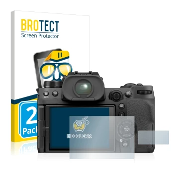 Front side of a product packaging with the brand logo BROTECT. Next to it is the device Fujifilm X-H2S shown with the correspo