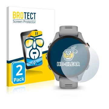 Front side of a product packaging with the brand logo BROTECT. Next to it is the device Garmin Forerunner 255S shown with the 