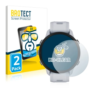 Front side of a product packaging with the brand logo BROTECT. Next to it is the device Garmin Forerunner 955 Solar shown with